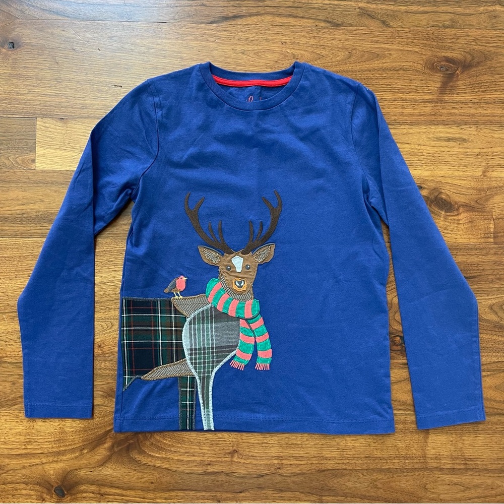 NWOT Mini Boden Plaid Reindeer Appliqué Long Sleeve Shirt Size 11-12 years